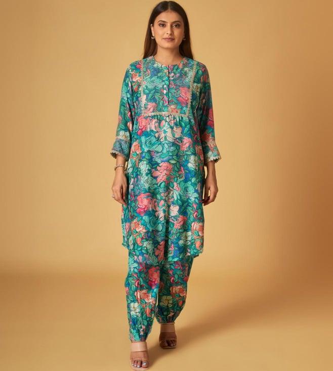 maisolos blue cotton printed silk tunic with pant