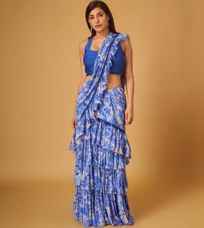 maisolos blue cotton silk printed drape saree and blouse set