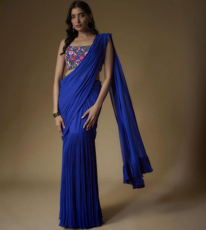 maisolos blue georgette embroidered draped saree and blouse set