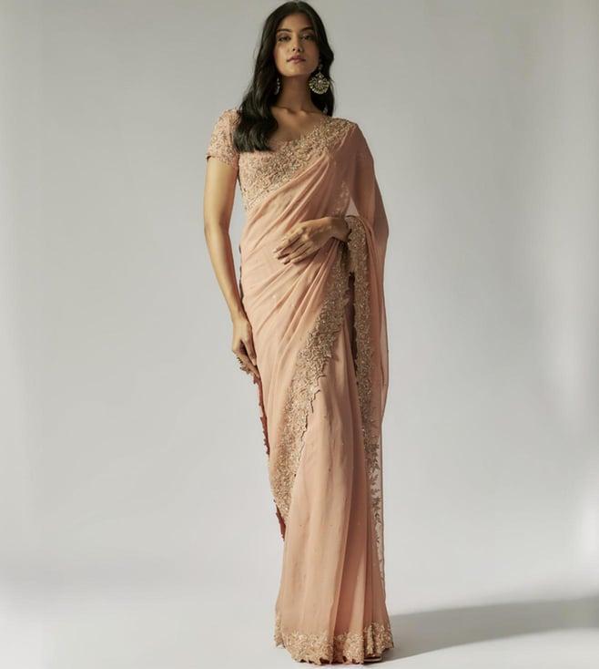 maisolos blush pink georgette embroidered saree and blouse