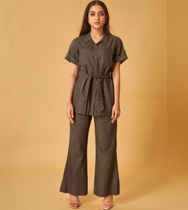 maisolos brown linen shirt and pant co-ord set