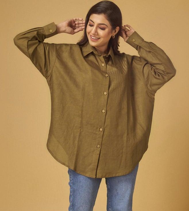 maisolos gold brown linen embroidered shirt