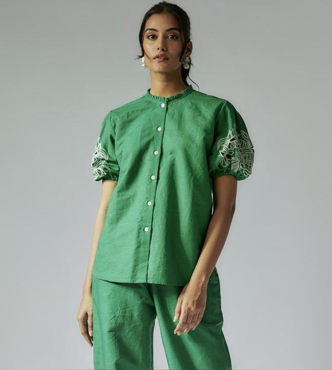 maisolos green cotton linen shirt with cutwork