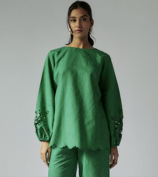 maisolos green cotton linen top with cutwork