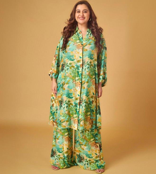 maisolos green cotton printed silk tunic with pant