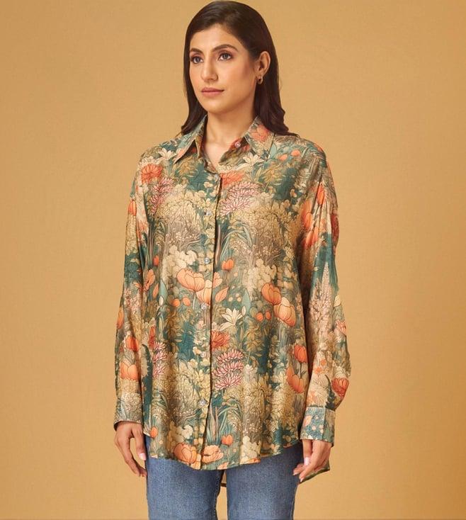 maisolos green cotton silk printed shirt