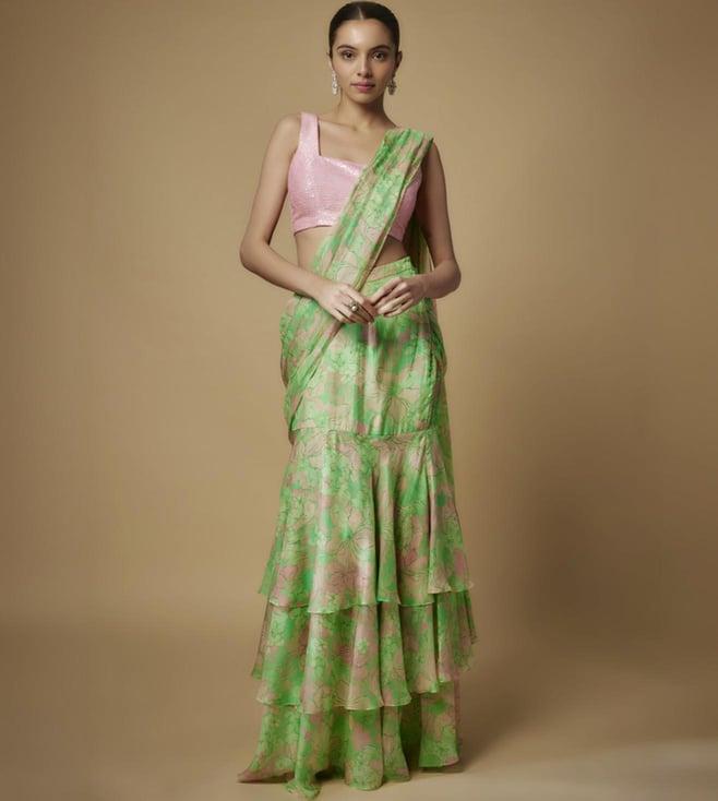 maisolos green floral printed flat chiffon draped saree with beaded blouse
