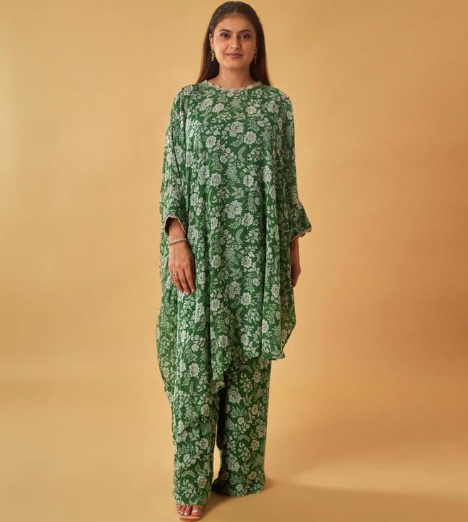 maisolos green georgette printed tunic with pant