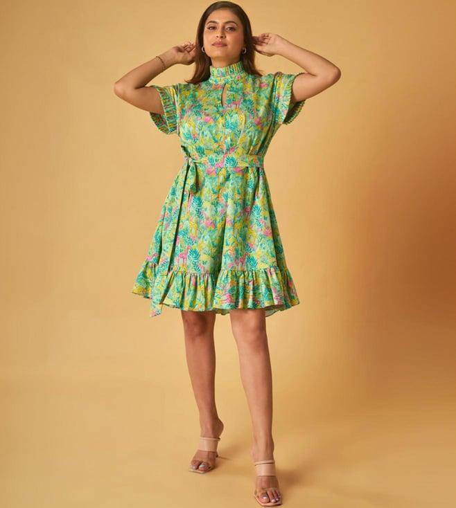 maisolos green linen printed short dress