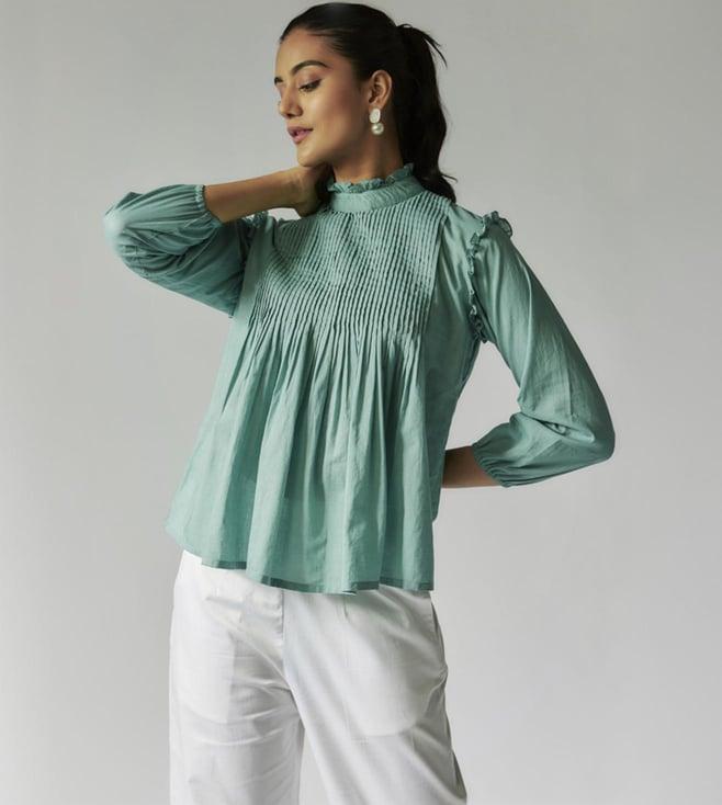 maisolos green wasabi cotton mul top with pin tuck detail