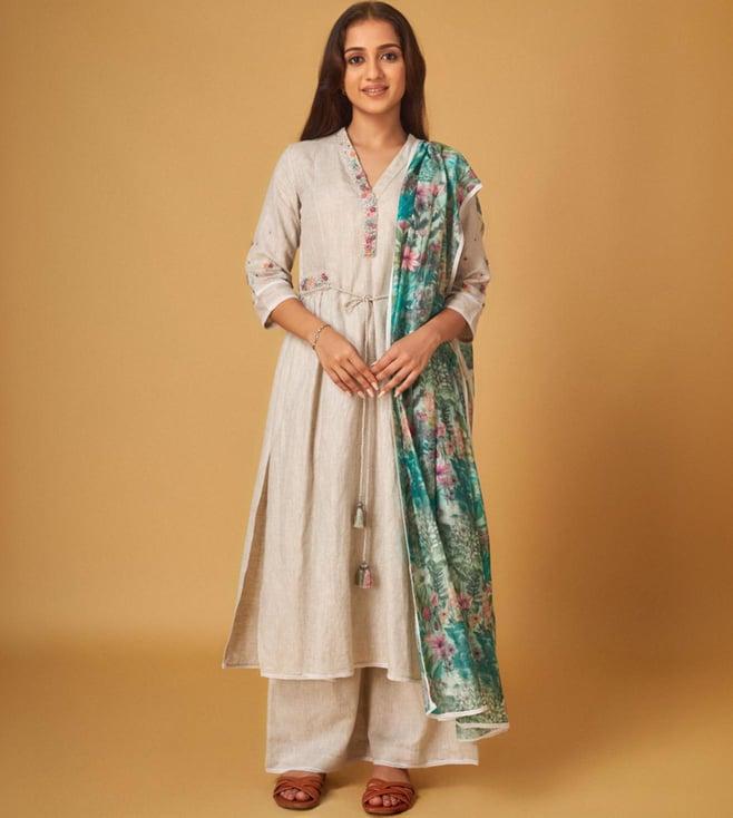 maisolos grey pure linen embroidered kurta with pant and dupatta