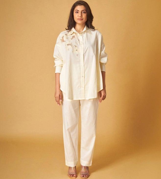 maisolos ivory linen embroidered shirt and pant co-ord set