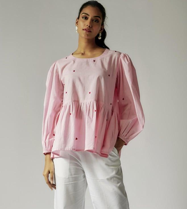 maisolos light pink cotton mul top with embroidery