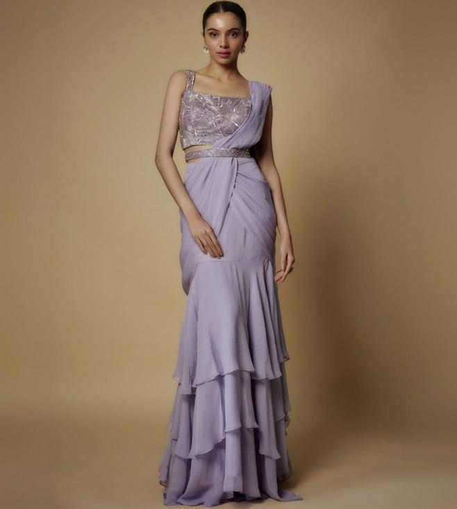 maisolos lilac georgette draped saree with embroidered blouse and belt