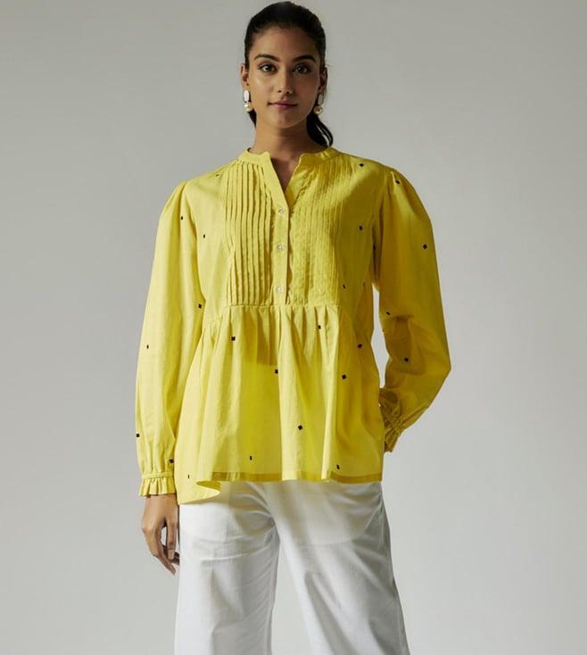 maisolos lime yellow and white cotton mul top with embroidery