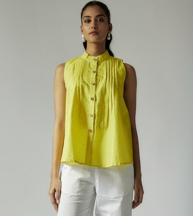 maisolos lime yellow cotton linen shirt with pintuck details