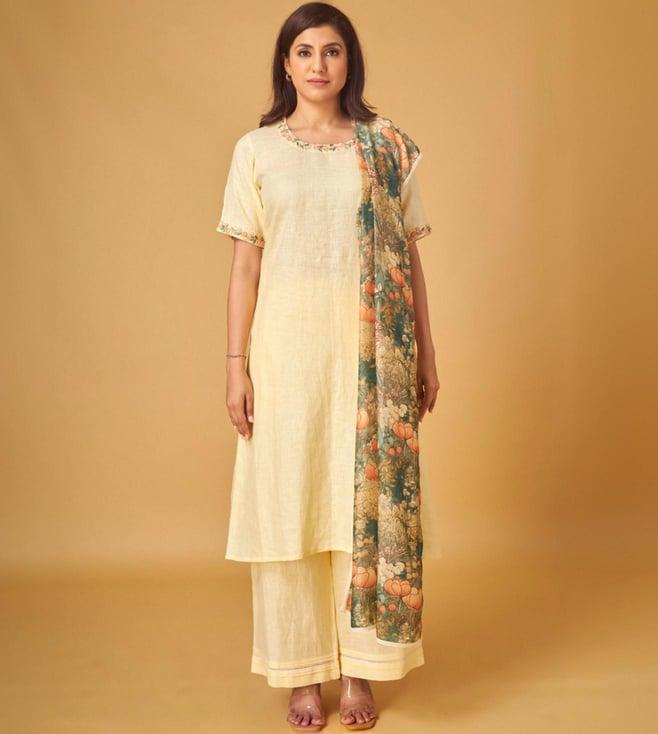 maisolos lime yellow pure linen embroidered kurta with pant and dupatta