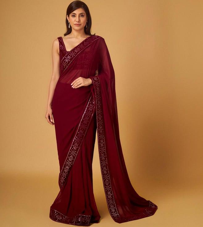 maisolos maroon abla work saree and blouse set