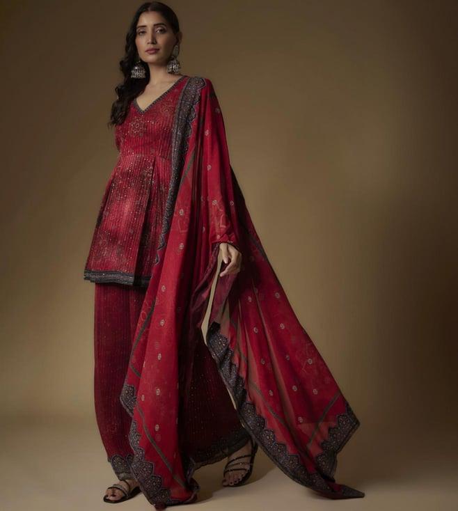 maisolos maroon sequined and printed tunic with sharara and dupatta