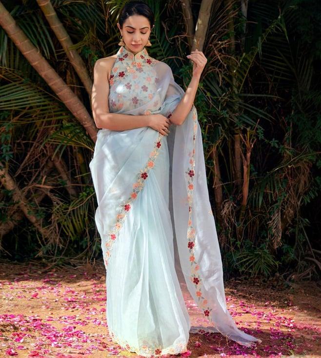 maisolos mint green embroidered organza saree with matching rawsilk blouse