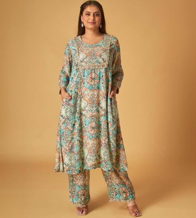 maisolos multi colored crepe printed and embroidered tunic with pant