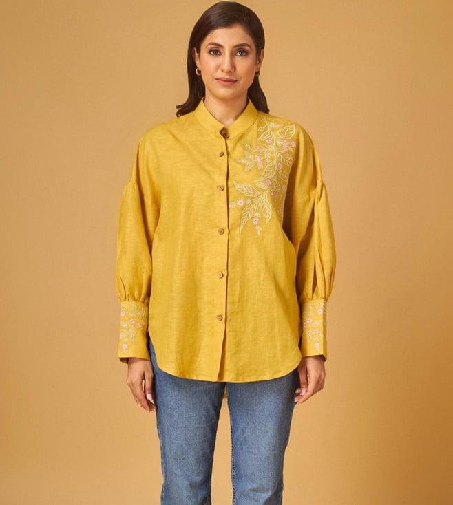maisolos mustard linen embroidered shirt