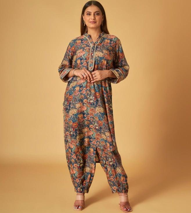 maisolos navy cotton printed silk tunic with pant