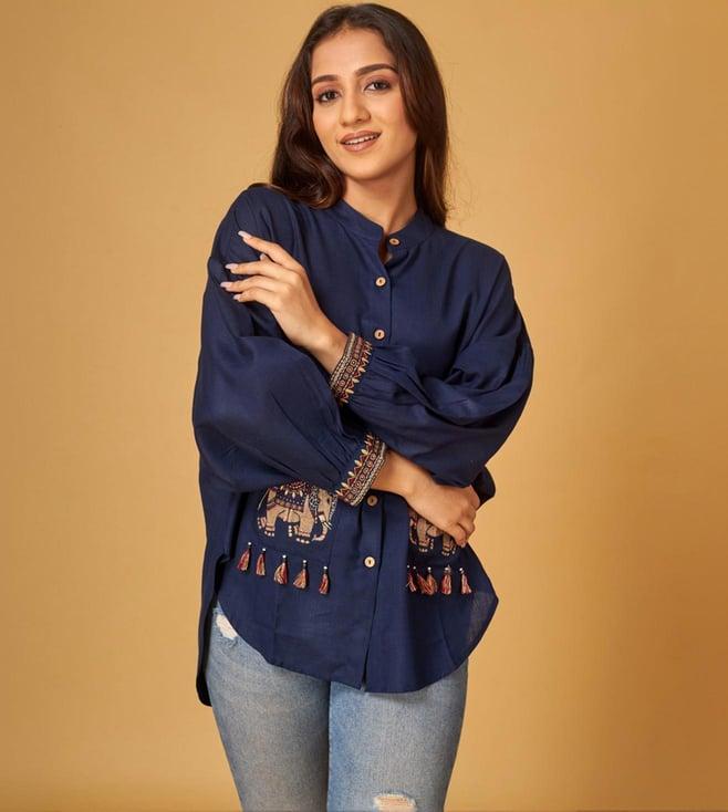 maisolos navy linen embroidered shirt