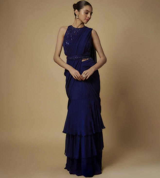 maisolos navy net embroidered blouse with draped saree and belt