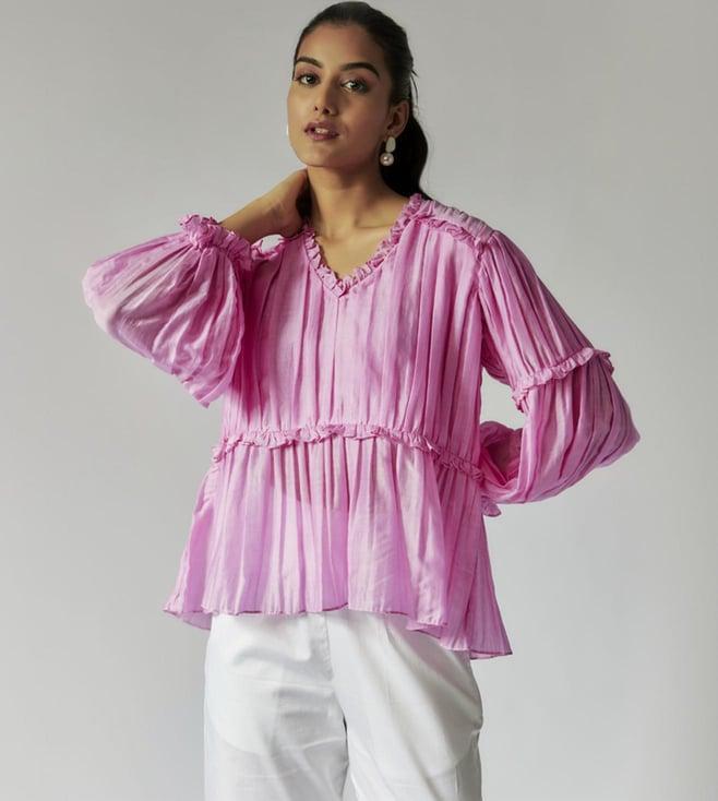 maisolos pink & white ruched cotton silk top