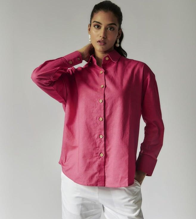 maisolos pink and white cotton linen shirt with cutwork on the back
