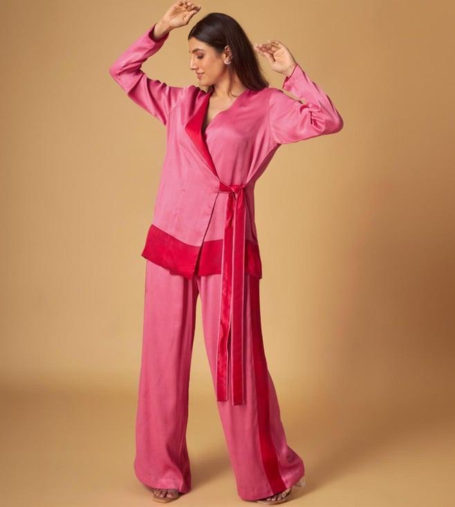 maisolos pink colorblock crepe satin top and pant co-ord set