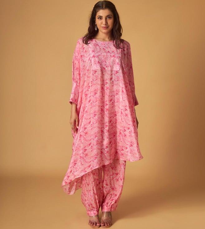 maisolos pink crepe printed embroidered tunic with pant