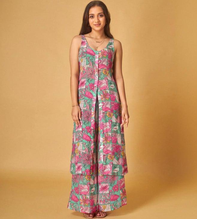 maisolos pink crepe printed kurta with pant co-ord set