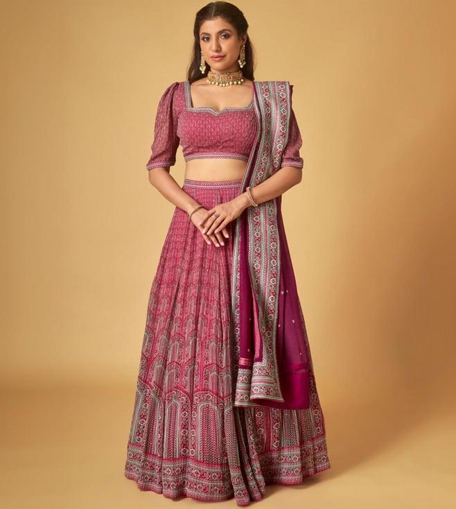 maisolos pink embroidered georgette printed lehenga with blouse and dupatta