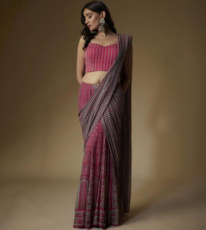 maisolos pink sequined and printed draped saree and blouse set