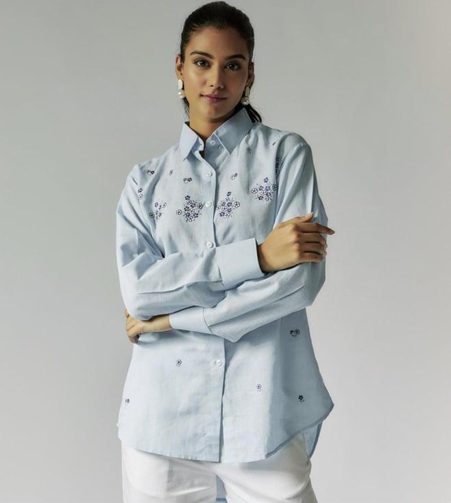 maisolos powder blue cotton linen shirt with embroidery