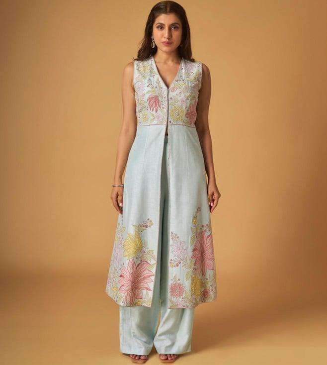 maisolos powder blue rawsilk embroidered kurta with pant