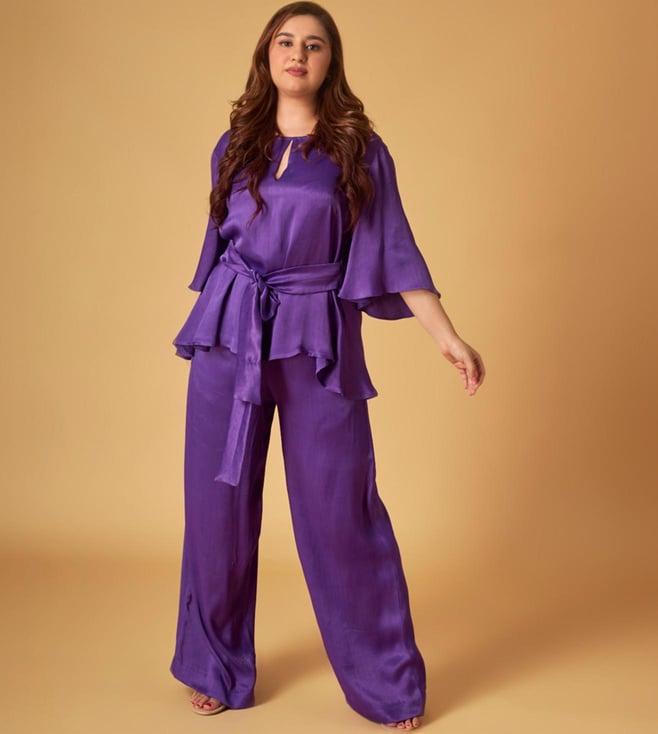 maisolos purple crepe satin front tie top and pant co-ord set