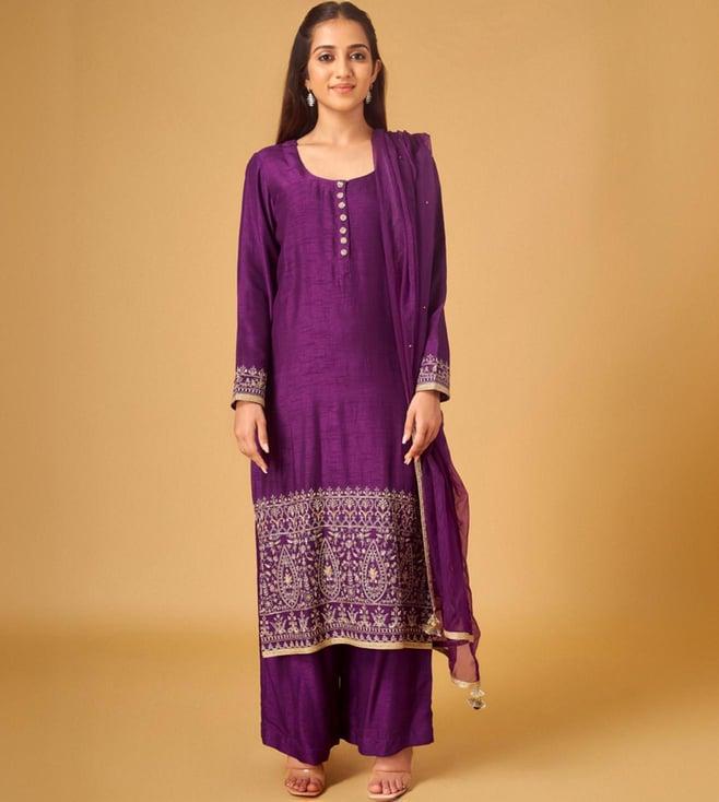 maisolos purple rawsilk embroidered kurta with pant and dupatta