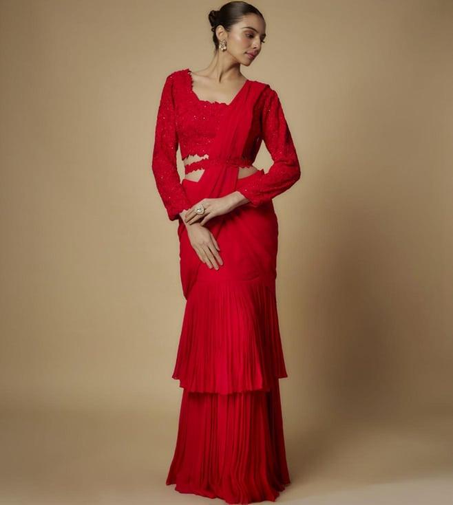 maisolos red georgette draped saree with embroidered blouse and belt