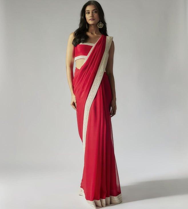 maisolos red georgette saree with ivory border and blouse