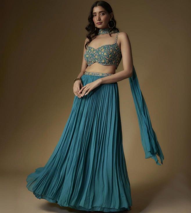 maisolos teal georgette embroidered top with skirt and dupatta