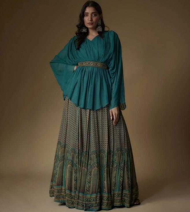 maisolos teal sequined and printed lehenga with top