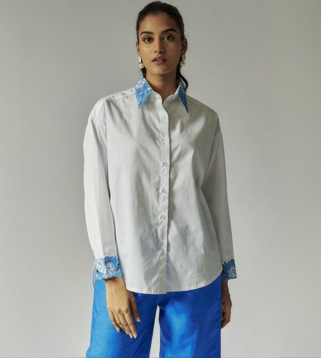 maisolos white cotton linen shirt with curtwork on collar and cuff