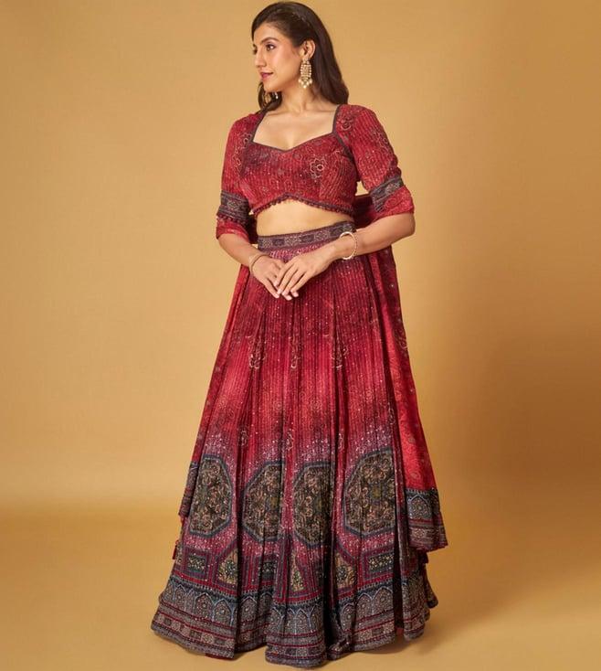 maisolos wine embroidered georgette printed lehenga with blouse and dupatta