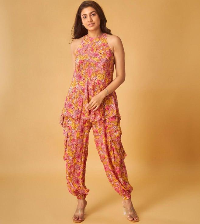 maisolos yellow crepe printed top and pant co-ord set