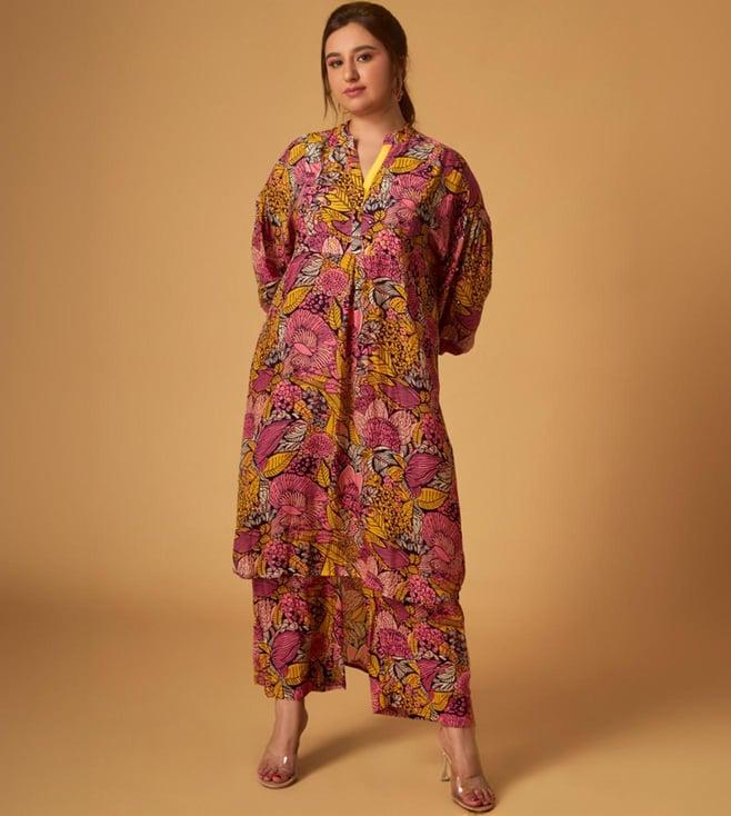 maisolos yellow crepe printed tunic and pant set