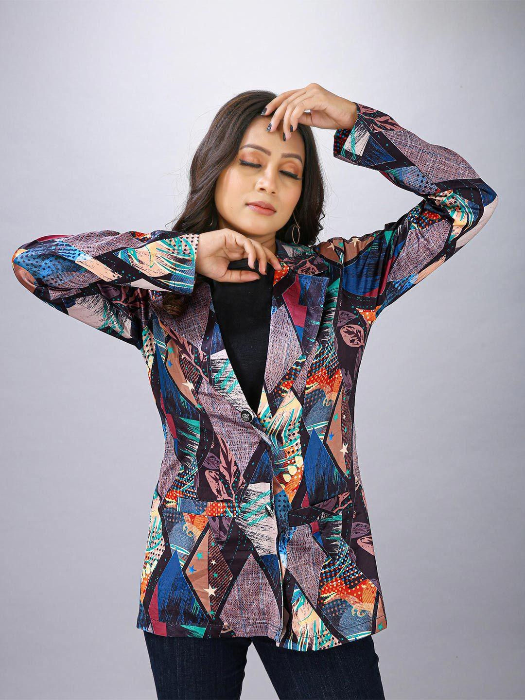 maiyee abstract printed notched lapel collar satin single-breasted casual blazer