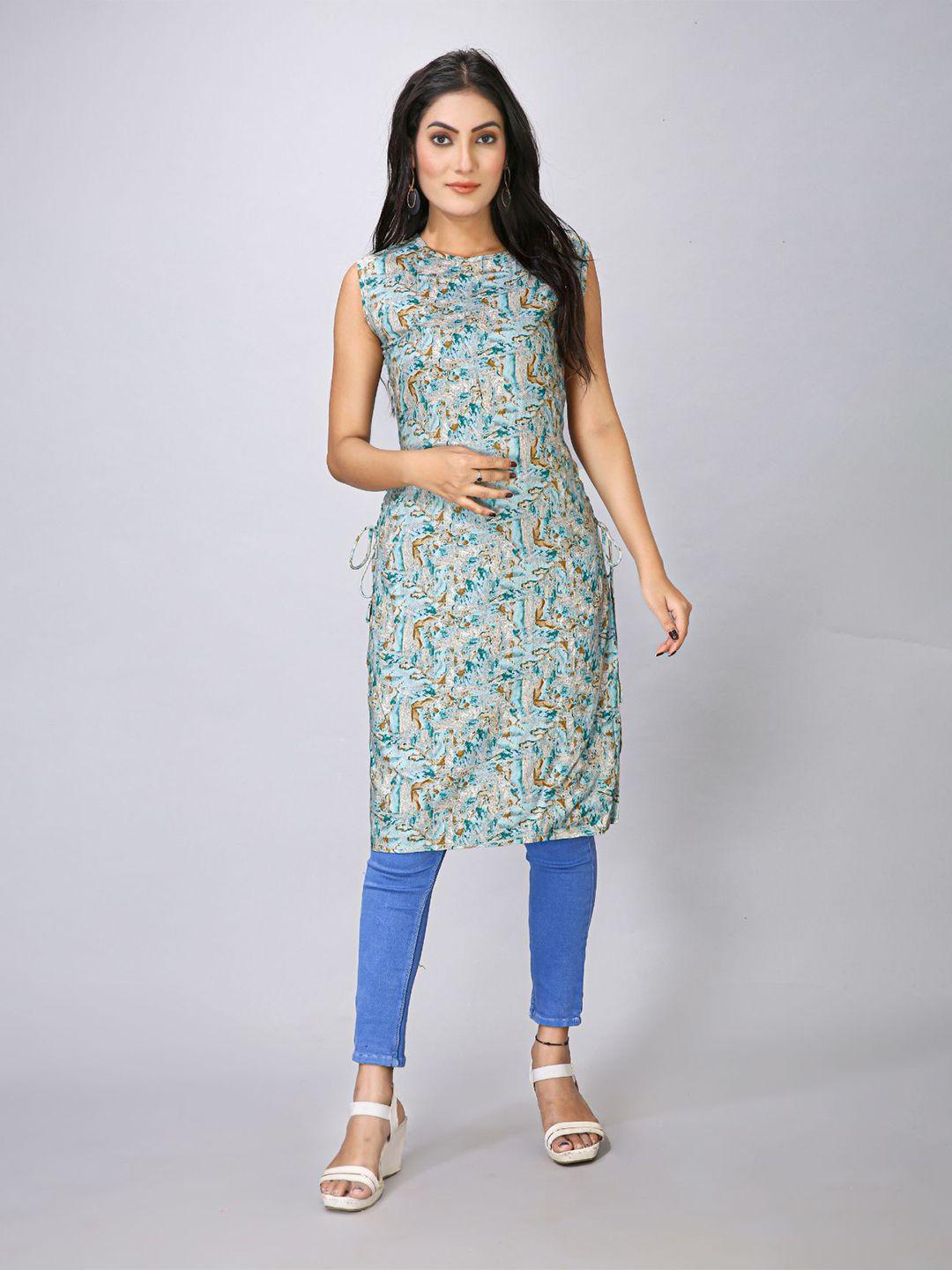 maiyee abstract printed round neck sleeveless straight kurta